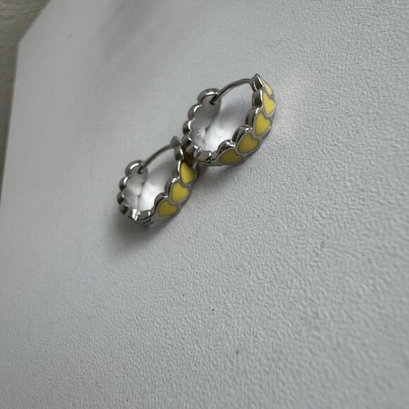 Sterling Silver 925 Hoop Earrings with Yellow Enamel Hearts – Colorful Jewelry - Picture 7 of 9